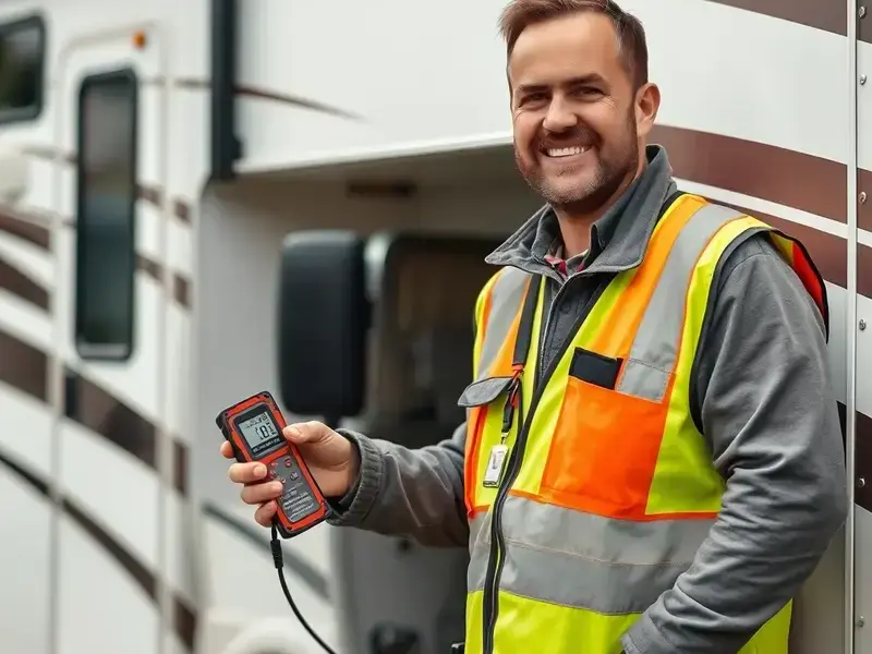 RV technician performing leak inspection with moisture meter