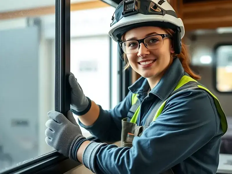 Female RV glass technician repairing a window