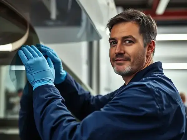 Certified RV glass technician working on a windshield replacement